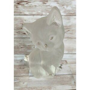 Viking Frosted Glass Cat Kitten Figure Paperweight Bookend Original Sticker 6.5”
